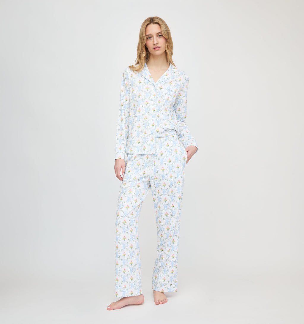 Roller Rabbit x Hill House Long Sleeve Polo Pajamas - Blue Floral Monkey Trellis