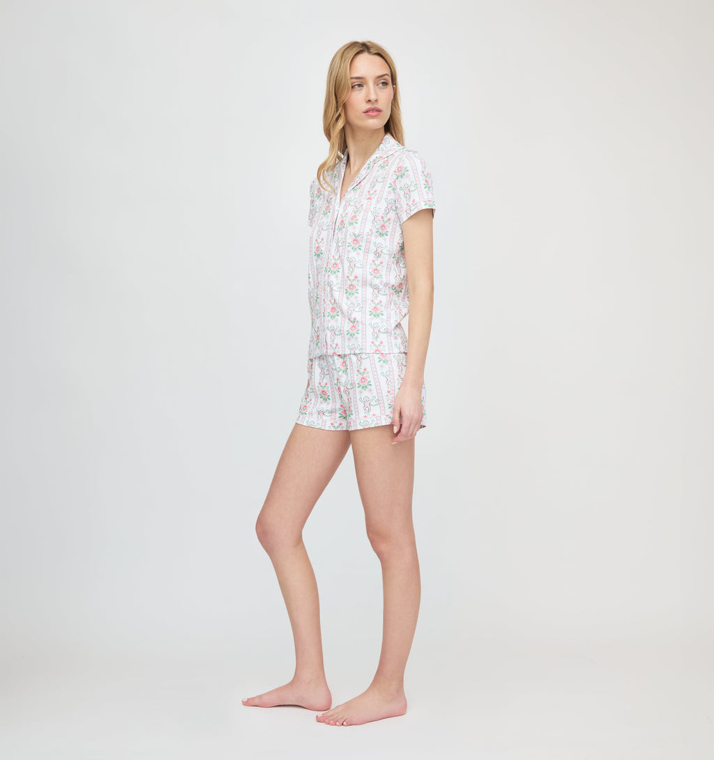 Roller Rabbit x Hill House Polo Pajamas - Pink Monkey Block Stripe