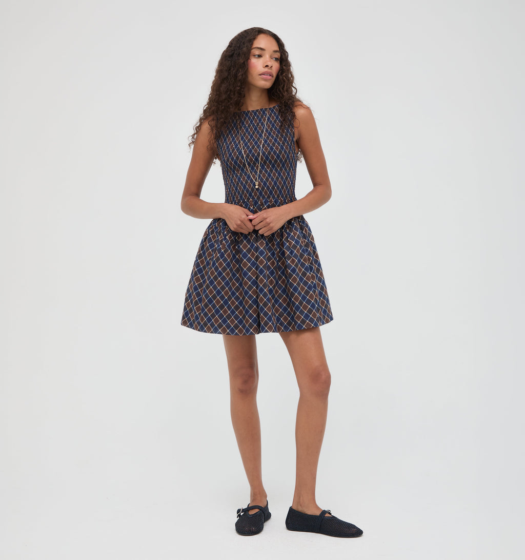 The Cosima Mini Nap Dress -  Wilshire Plaid Chocolate/Navy