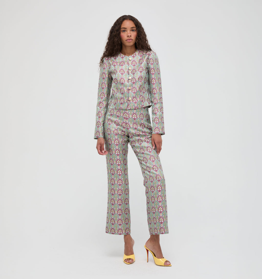 The Annina Pant - Baroque Diamond Block Berry/Green