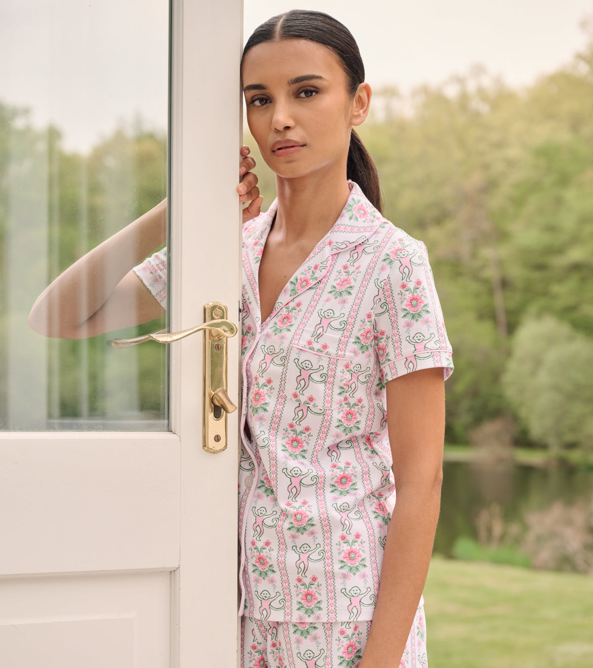 Roller Rabbit x Hill House Polo Pajamas - Pink Monkey Block Stripe