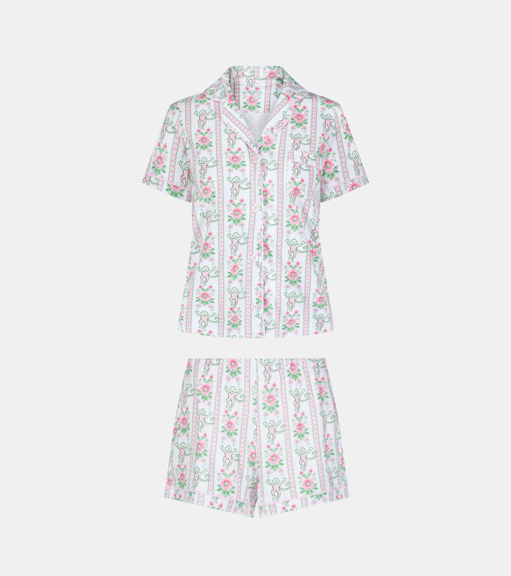Roller Rabbit x Hill House Polo Pajamas - Pink Monkey Block Stripe