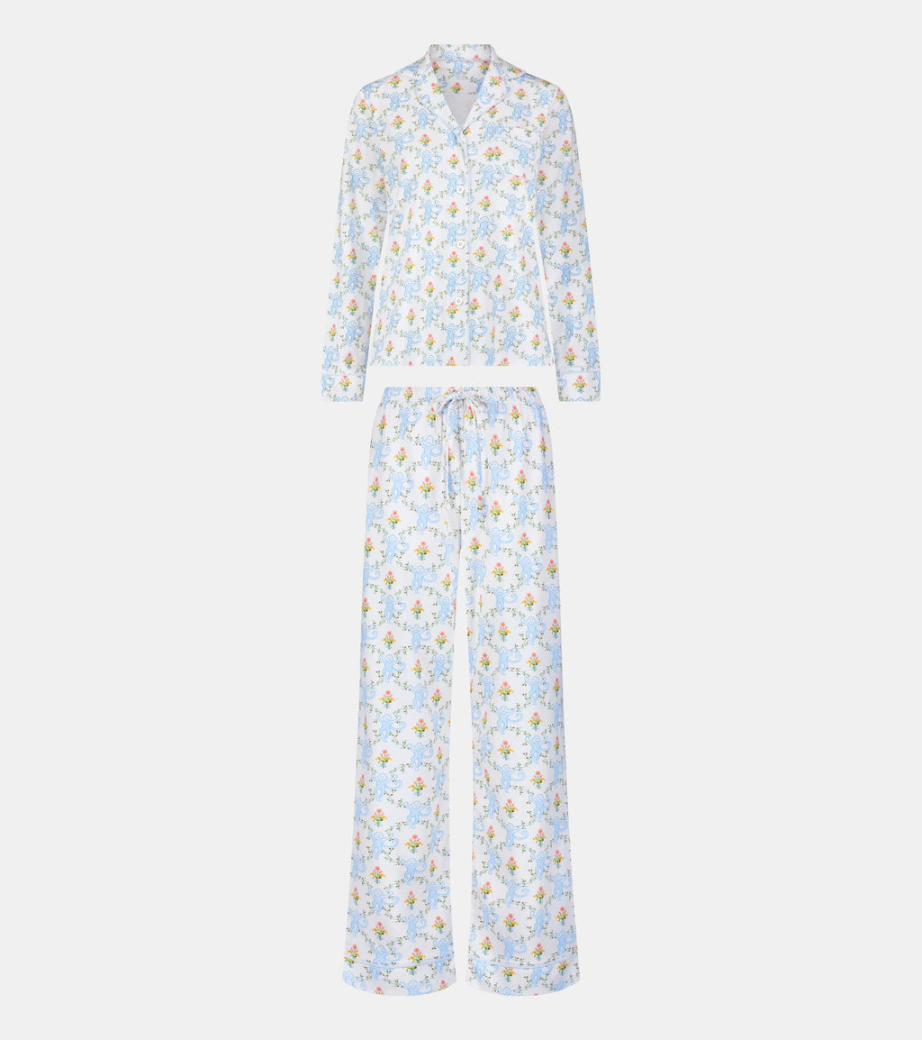 Roller Rabbit x Hill House Long Sleeve Polo Pajamas - Blue Floral Monkey Trellis