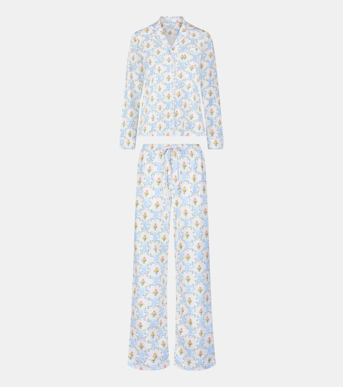 Roller Rabbit x Hill House Long Sleeve Polo Pajamas - Blue Floral Monkey Trellis